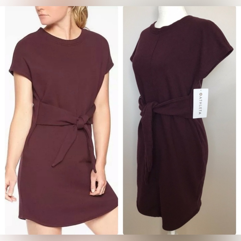 Athleta Ladies XL Embrace Tie Front Burgundy Short Sleeve Dress